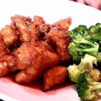 Sesame Chicken Lunch · Flash-fried chicken lightly stir-fried with sesame flavor sauce,topped with sesame seeds, se...