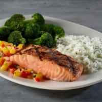 Atlantic Salmon - Small · Lightly seasoned and wood-grilled (300 cal), served with choice of sauce and two signature s...