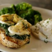 Lily'S Chicken · Goat cheese, spinach, artichoke hearts, and lemon basil sauce. 560 cal.