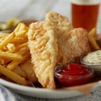 Cod Fish & Chips · Generous portion of crispy cod, served with tartar and French fries. 1030 cal.