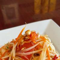 Payapa Salad (Som Tum) · Shredded green papaya with green beans, tomatoes, carrots, roasted peanuts. Palm sugar, and ...