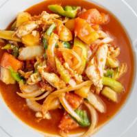 Sweet And Sour · Sautéed with pineapple, bell pepper, tomatoes, onion, cucumber, and celery (served with whit...