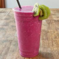 Pink Pitaya Smoothie · Almond milk, pitaya, maca, banana, pineapple, mango, coconut, ashwagandha, and dates. 465 cal.