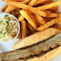 Brat On A Bun · Signature Bratwurst grilled on a roll and served with choice of side.