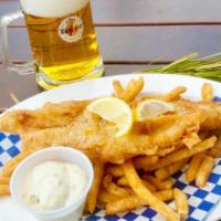 Fish & Chips · A massive slice of hand beer battered and freshly fried Haddock. Served with tartar sauce, l...