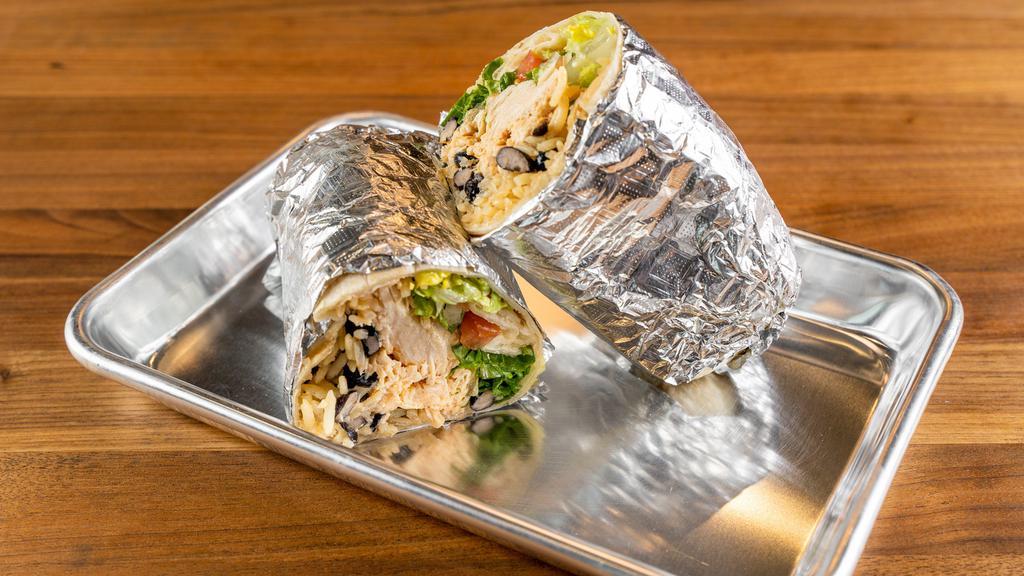 Burrito · Your choice of meat or veggies wrapped in a flour tortilla with rice, beans, and topped with guac, salsa, queso dip, sour cream and cheese.