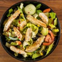 Mexican Salad · Grilled chicken, romaine lettuce, avocado, tomato, black beans, green peppers, corn and cucu...