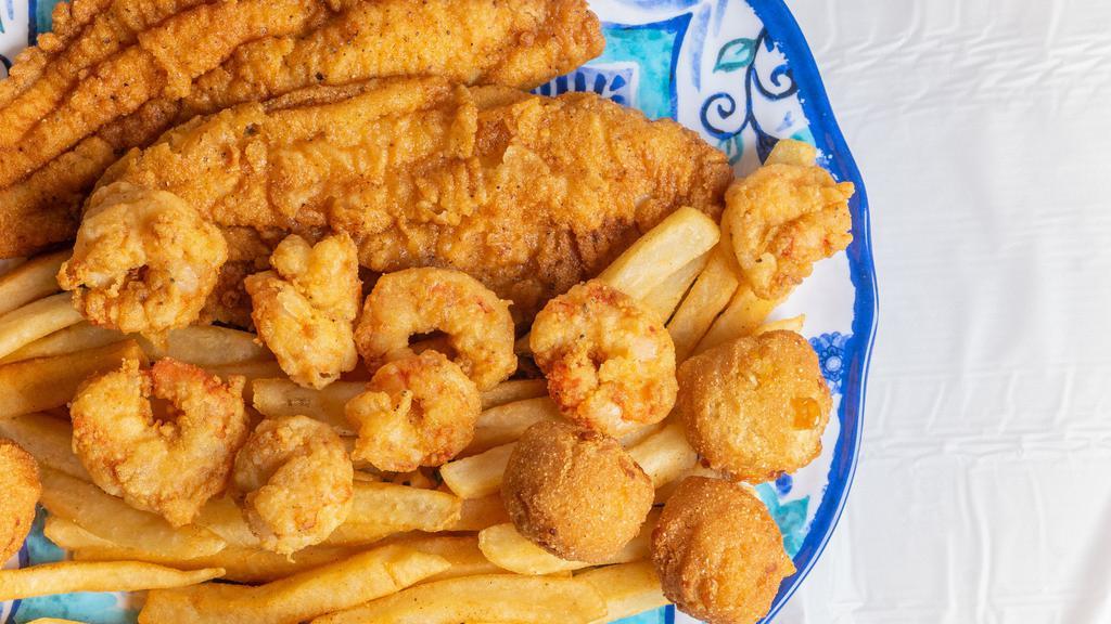 Seafood Platter · Fish, shrimp, coleslaw, hush puppies, fries.