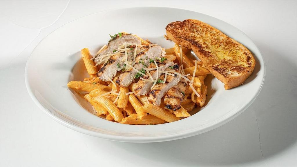 Grilled Chicken Pasta (Half Portion) · Grilled chicken tossed with penne pasta in a choice of sauce: (where available) Garlic Cream, Marinara, Creamy Rosé. .