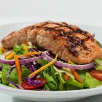 Gf Grilled Salmon Tossed Salad · Fresh mixed lettuce, baby greens, Monterey Jack,  cheddar, tomatoes, red onions and grilled ...