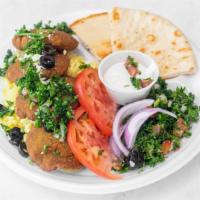 Falafel Platter · Comes with rice, salad, and pita bread.