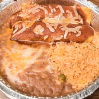 M6 Enchilada Dinner · Two beef, chicken or cheese enchiladas covered with red or green sauce. Served with two sides.