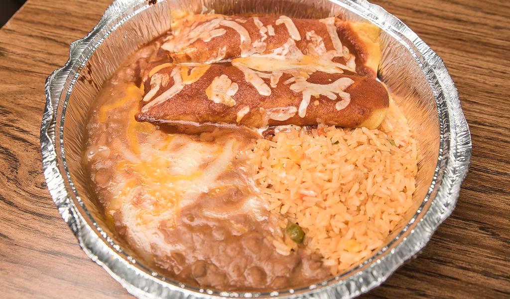 M6 Enchilada Dinner · Two beef, chicken or cheese enchiladas covered with red or green sauce. Served with two sides.