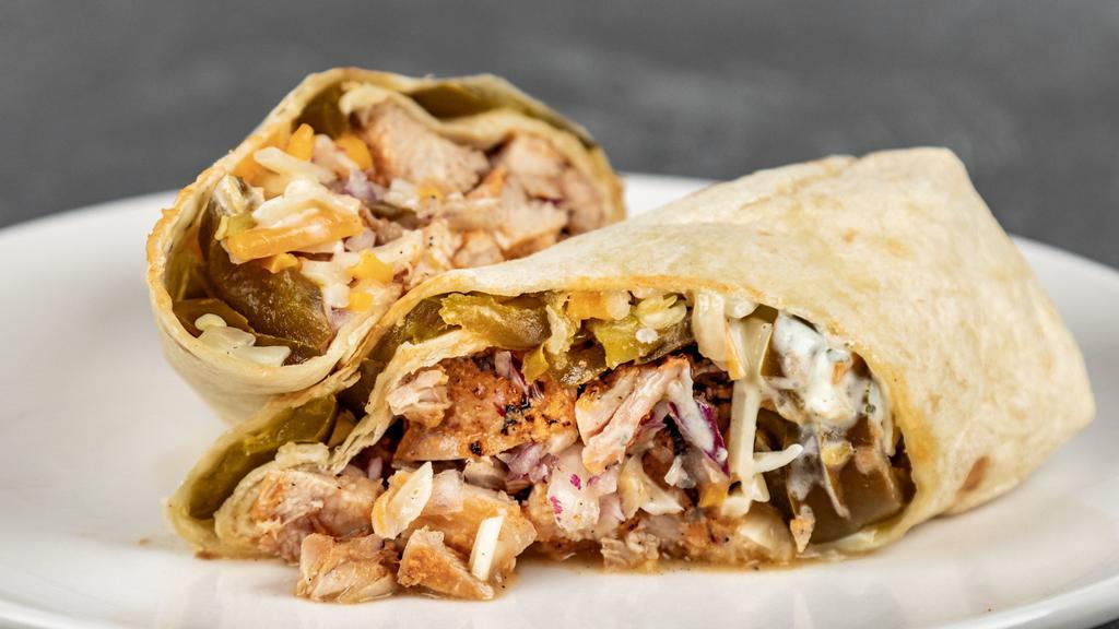 Grilled Chicken Wrap · Grilled chicken, lettuce, cheese, red onions, tomatoes, jalapeños, ranch.