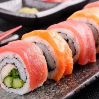 Rainbow · Crabsticks, avocado, cucumber. Top with sashimi varieties