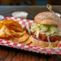 Heavenly Buffaloes Sandwich · Fried chicken breast patty(can sub Vegan patty) with iceberg lettuce,  red onion and your ch...
