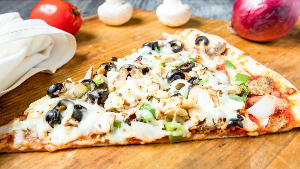 Supreme (Medium) · 14''. Pizza sauce, oregano, Mozzarella, sausage, pepperoni, meatballs, green pepper, onions, mushrooms, black olives.
