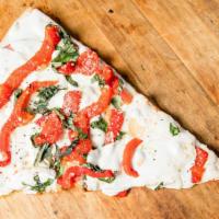 Caprese Pizza (Medium) · 14''. Mozzarella, fresh Mozzarella, red roasted peppers, basil, garlic, olive oil, Parmesan,...