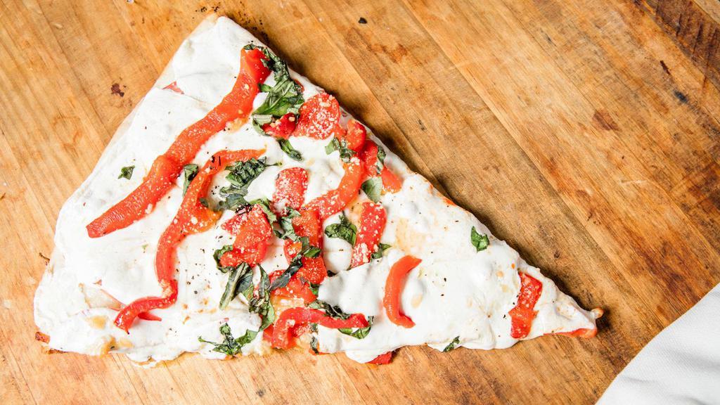 Caprese Pizza (Medium) · 14''. Mozzarella, fresh Mozzarella, red roasted peppers, basil, garlic, olive oil, Parmesan, tomatoes.