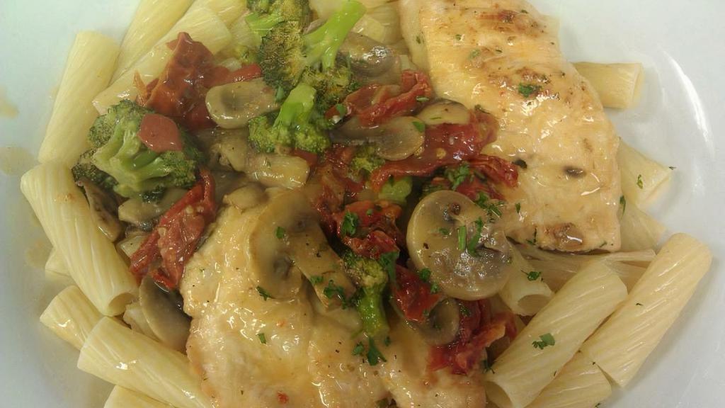 Chicken Summer · Sautéed with roasted red peppers, fresh mushrooms, broccoli and sundried tomatoes in a white wine sauce over your choice of pasta.