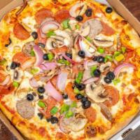 Pomodoro’S Supreme  · Pepperoni, sausage, ground beef, red onion, green peppers, mushrooms, black olives.