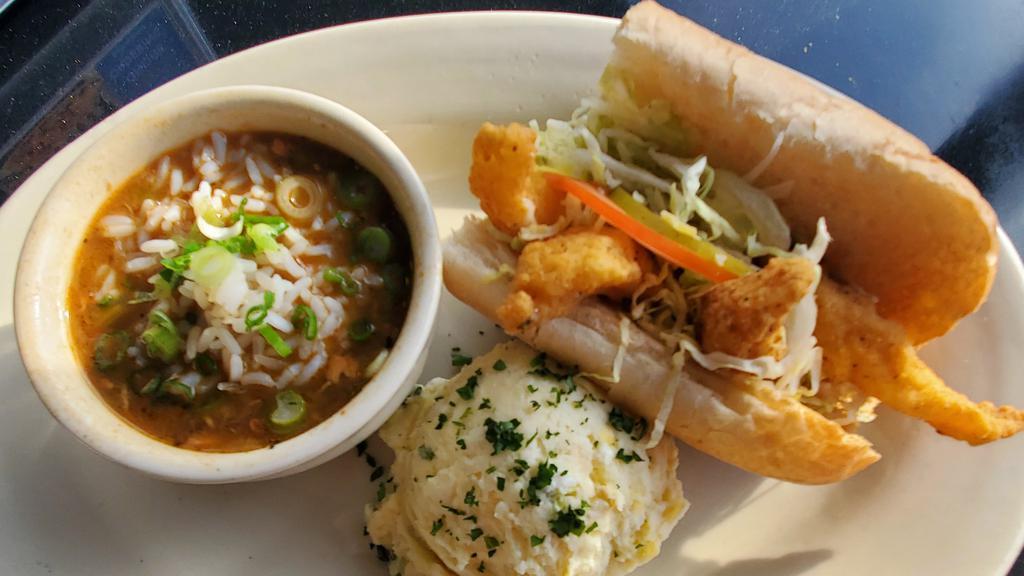 Soup & Po-Boy Combo · 1/2 PoBoy (choice of roast beef,
shrimp or fish), potato salad &
cup of gumbo or soup of the day.  Call restaurant at 504-368-1114 to inquire about soup of the day