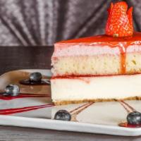 Double Strawberry Shortcake · Strawberry mousse, NY cheesecake, berry compote.