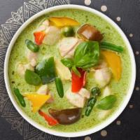 Greenday Curry · Green curry with coconut milk, cabbage, broccoli, zucchini, carrots, baby corn, water chestn...