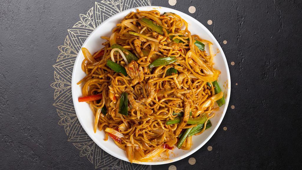 Spicy High & Lo Mien · A spicy version of lo mein with basil, broccoli, carrots, water chestnuts, bamboo, baby corn, bell pepper, zucchini, shredded cabbage, bean sprout, tomato, and chili pepper.