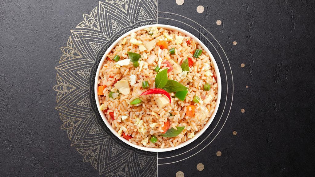 Basically Basil Fried Rice · Stir fried rice with egg, basil, bell pepper, onion, carrot, bamboo shoot and string bean (spicy).