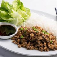 Lettuce Wraps- · A combination of ground chicken or tofu, shiitake mushrooms, garlic and diced water chestnut...