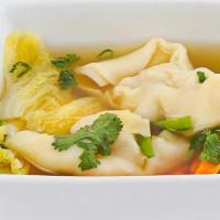 Chicken Dumplings- · Chicken broth with chicken and shrimp  dumpling, bok choy; sprinkled with scallions, and fri...