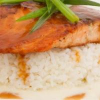 Miso Salmon- · Grilled Norwegian salmon topped with miso sauce and sake butter sauce; served with grilled a...