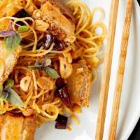 Crispy Pork Belly Pasta- · Capellini, crispy pork belly, Thai basil, garlic, onions, chives, roasted chili, and soy sauce