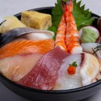 Chirashi- · A variety of assorted raw fish, artfully arranged on a bed of sushi rice
