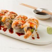 Tiger Shrimp Roll- · Shrimp tempura, tiger shrimp, avocados masago, garlic mayo, and kabayaki