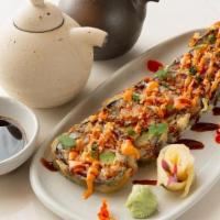 Titan Roll- · Deep fried roll with spicy crab, avocados, asparagus, cream cheese, masago, spicy mayo, kaba...