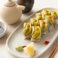 Garden Roll- · Asparagus tempura, roasted red bell peppers, kampyo, cucumber, and avocados topped with kiwi...