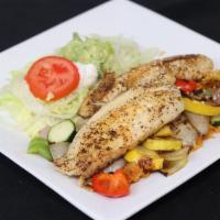 Filete Pasifico · Grilled Tilapia Fillet / With Grilled Mixed Vegetables / Green Bell Pepper / Yellow Bell Pep...
