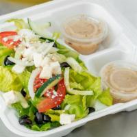 Greek Salad  · Romanian lettuce with, fresh bell peppers , onions, black olives , cucumber , tomatoes , ban...