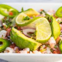 Ceviche Tropical · A Mexican coastline favorite! Fish or shrimp cooked in lime juice, mixed with tomatoes, onio...
