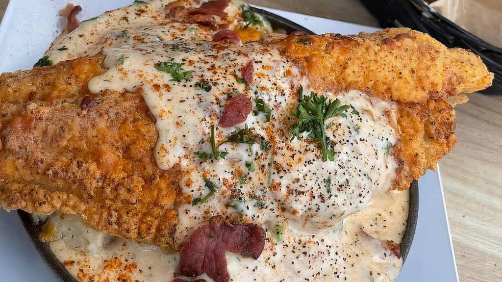 Catfish & Cheese Grits  · Fried catfish, cheese grits, bacon bits, & green onions