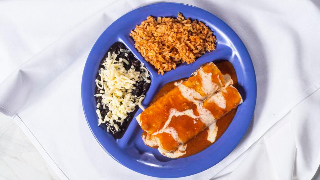 Enchiladas · Choice of: cheese, spicy tinga chicken, ground beef, chorizo, shredded beef, or barbacoa. Served with enchilada sauce and queso cheese, rice and beans.