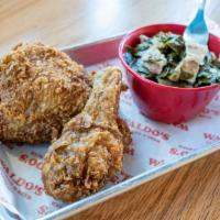 Fried Chicken Plate · Bone-In Fried Chicken with Two Sides and a Cheddar Biscuit