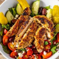 Mediterranean Salad · Mixed greens topped with grilled chicken, tomato, cucumber, red onion, kalamata olives, roas...