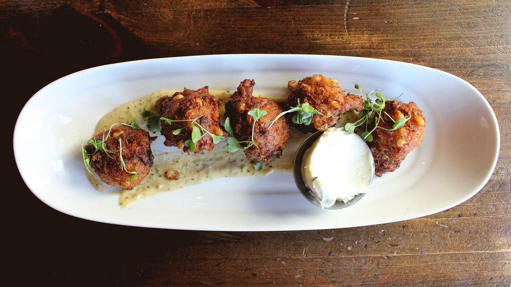 Corn And Crab Hushpuppies · citrus remoulade, honey-thyme butter.