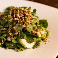 Greens & Grains · Farro, red quinoa, baby kale, arugula, asparagus, cucumbers, English peas, shaved onion, gre...
