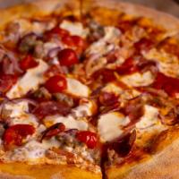 Four Fathers · bacon, pepperoni, sausage, prosciutto, mozzarella, sliced red onions, cherry peppers