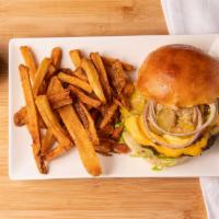 Usda Prime Tap Burger · Brioche bun, American cheese, special sauce, lettuce, red onion, pickles, hand-cut fries, ke...
