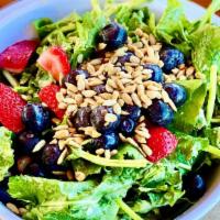 Kale-Berry Salad · Baby Kale, strawberries, blueberries, sunflower seeds and balsamic vinaigrette with a hint o...